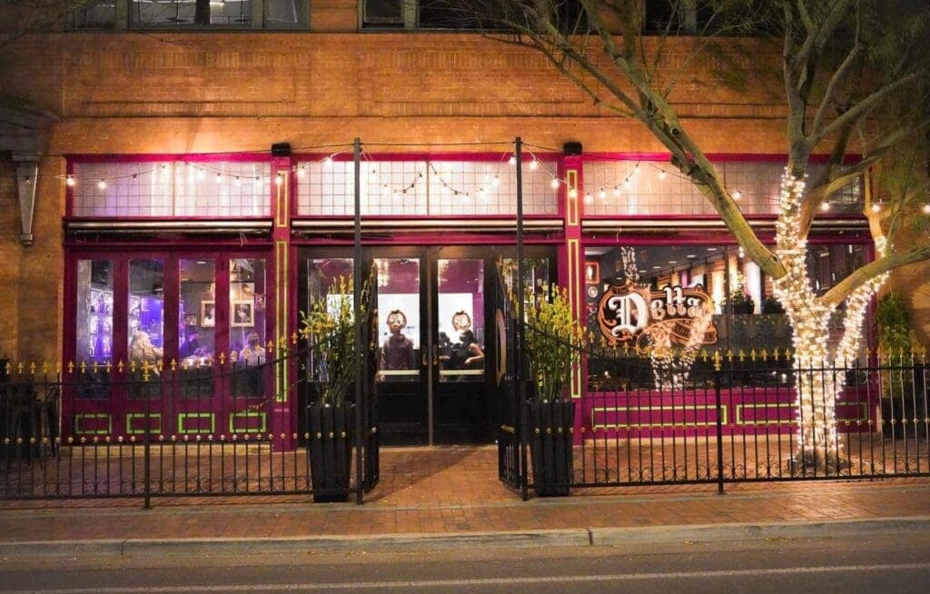a store front at night