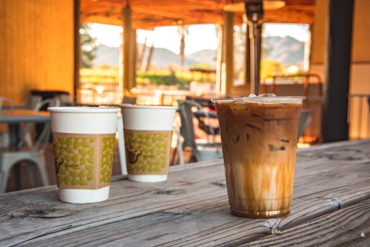 Caramel Macchiato, Americano, and Chai Latte on the patio at Tay's Brew House (Credit: Kate Severino)