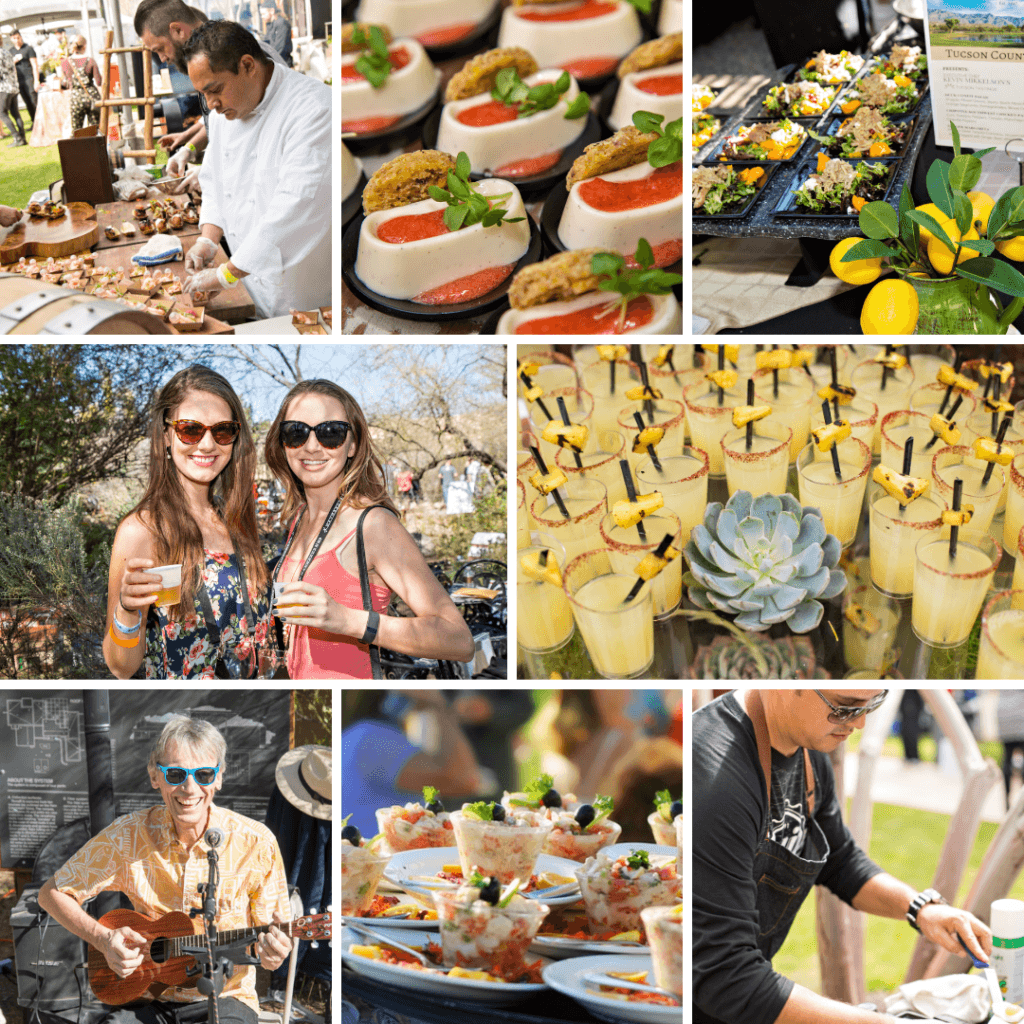 a group of people standing around a table with many different types of food