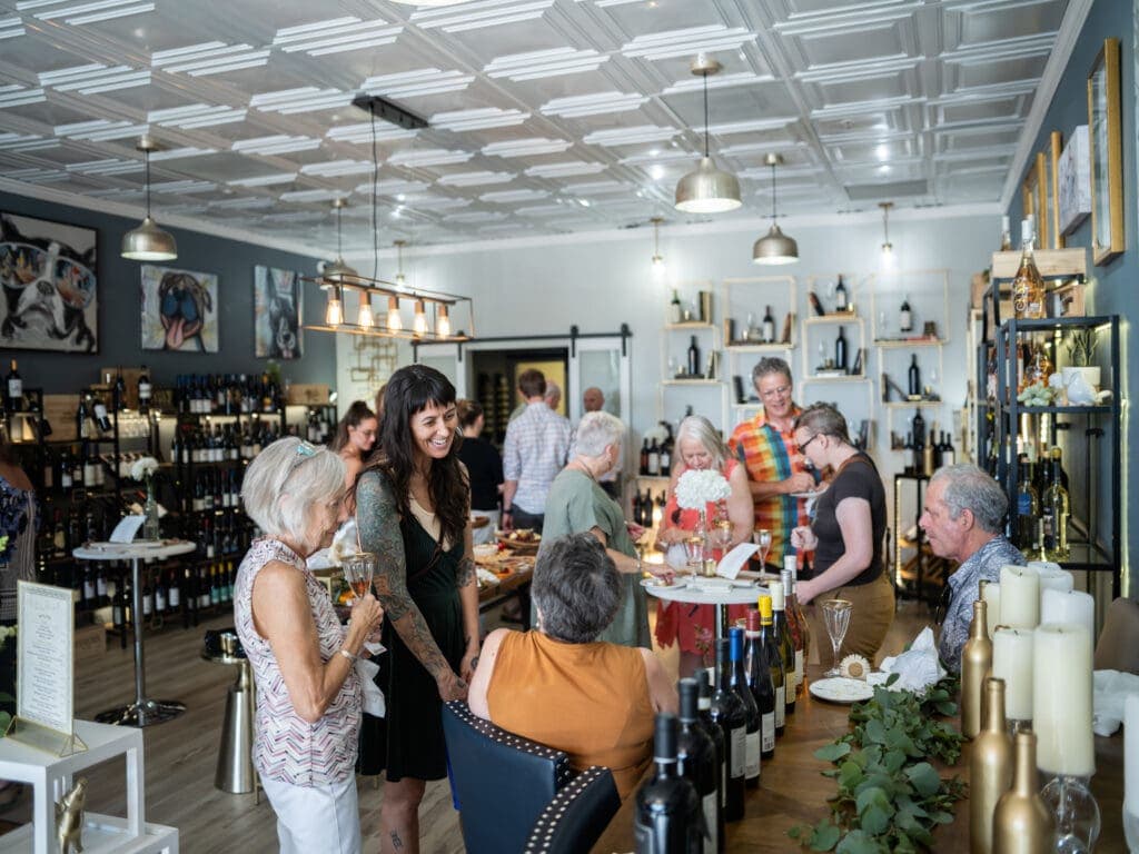 a group of people standing in a room