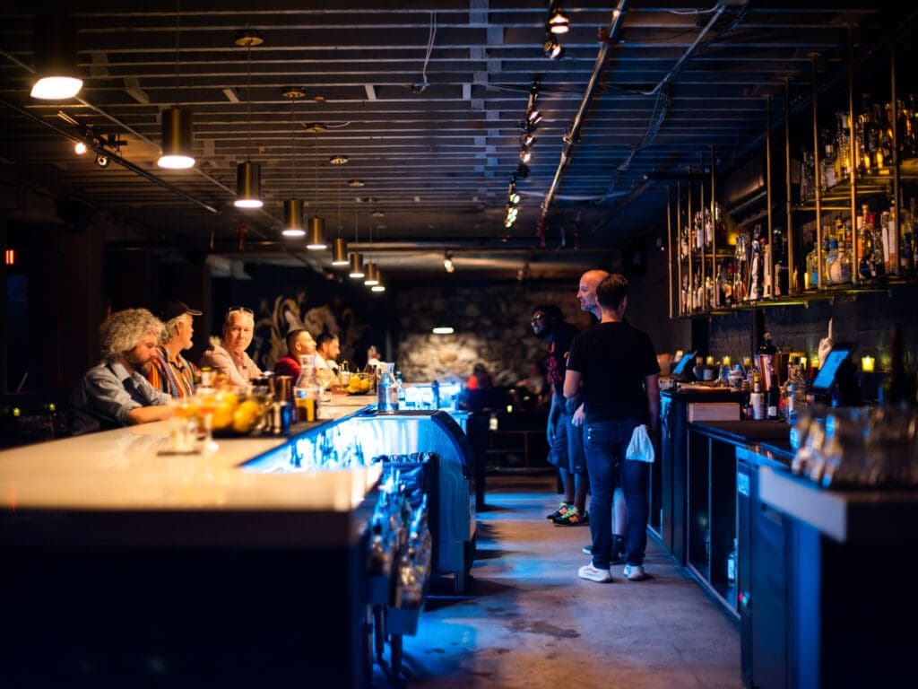 a group of people in a restaurant