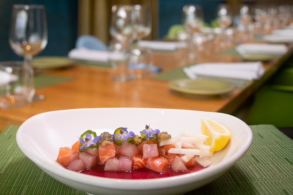 Salmon Belly + Hamachi Aguachile at DOWNTOWN Kitchen + Cocktails (Credit: Tim Fuller)