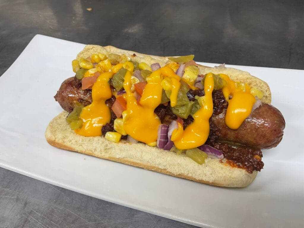 a hot dog on a bun