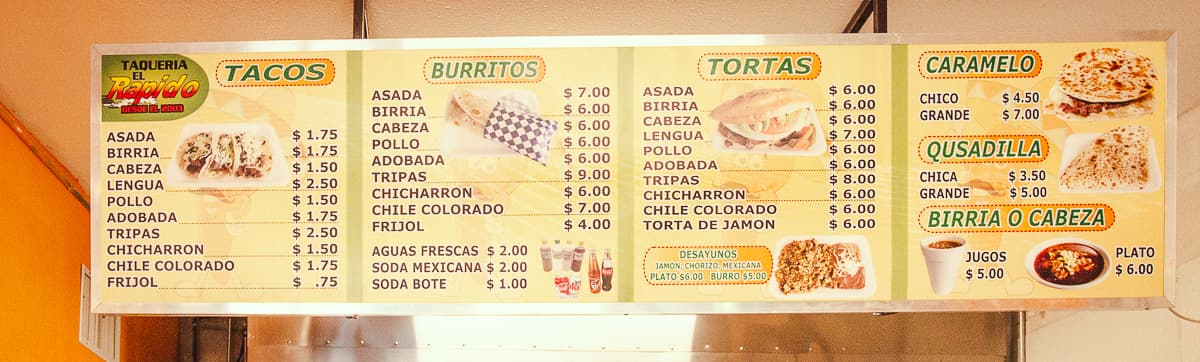 Menu at Taqueria El Rapido (Credit: Jackie Tran)