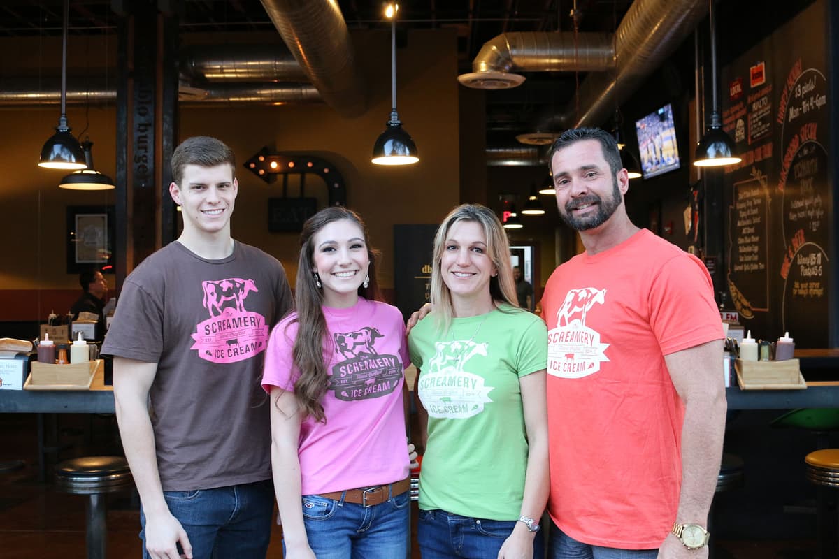 From left to right, Screamery Shift Leader Reid Sinclair, Store Manager Madison Friedman, Linda Sarnoski, and Kenny Sarnoski. (Credit: Adam Lehrman)