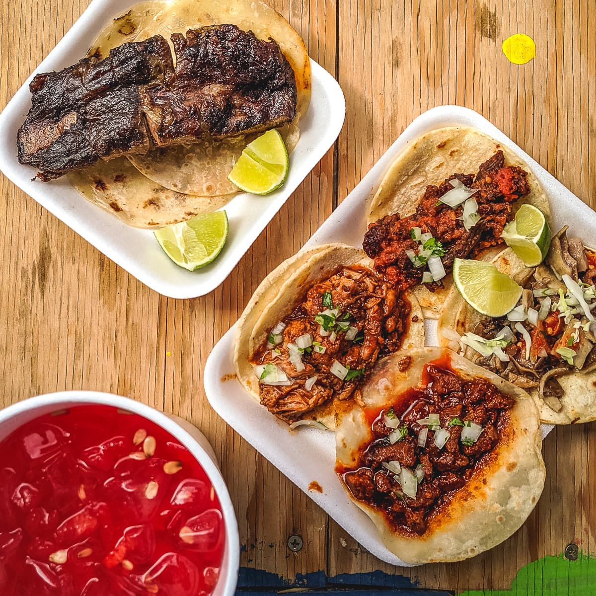 Costilla, Birria, Chicharrón en Salsa Roja, Chile Rojo, and Tripitas Tacos at El Taco Rustico at the Tohono O'odham Swap Meet