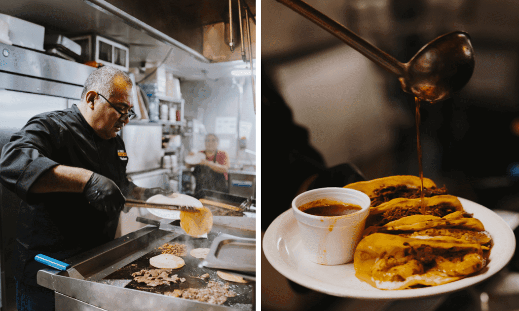 a man preparing food on a plate