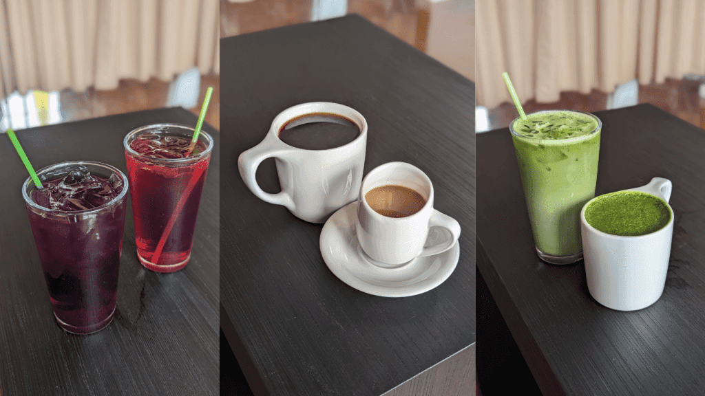 Caffeine-free tea, drip coffee, Turkish kaffe, iced matcha latte, and at Zedamo Ethiopian Coffee Shop (Photo by Topacio "Topaz" Servellon)
