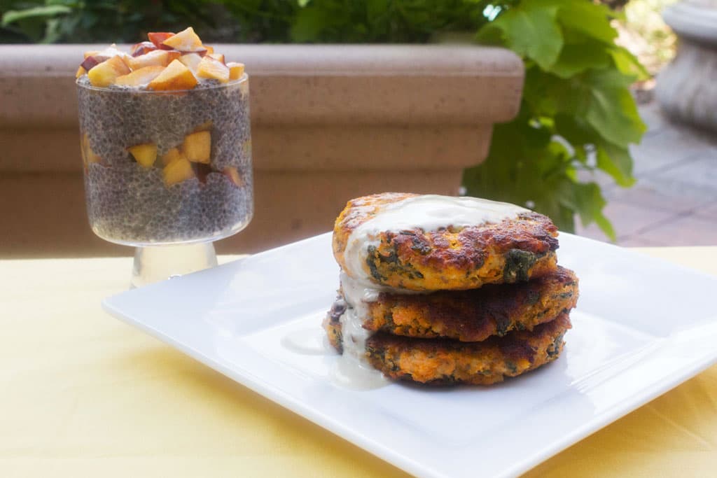 Double Delight: Potato-Spinach Fritters With Hollandaise and Peaches & Cream Chia Pudding