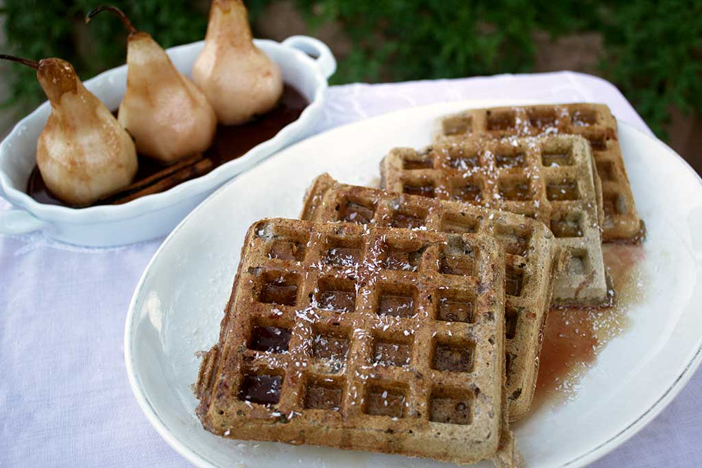 Pumpkin Waffles With Wine Poached Pears