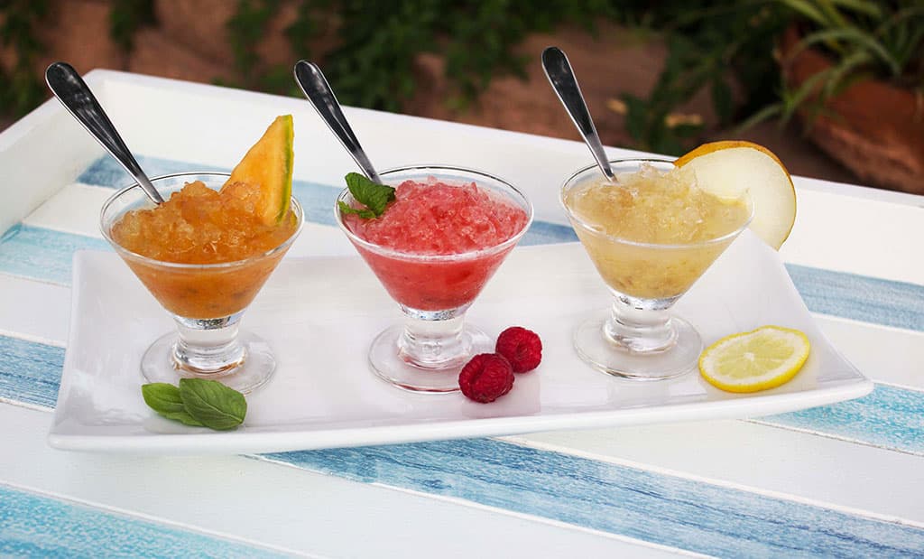 Raspberry-Mint, Cantaloupe-Basil, & Pear-Lemon Rosemary Fruit Granita Shooters
