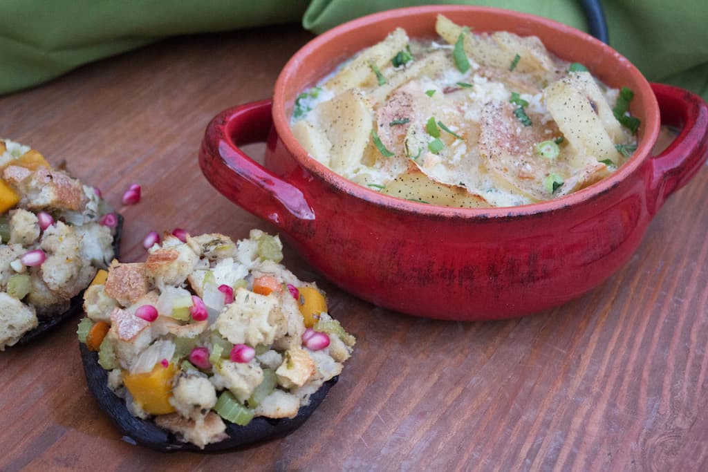 Scalloped Potatoes And Stuffing-Filled Mushrooms