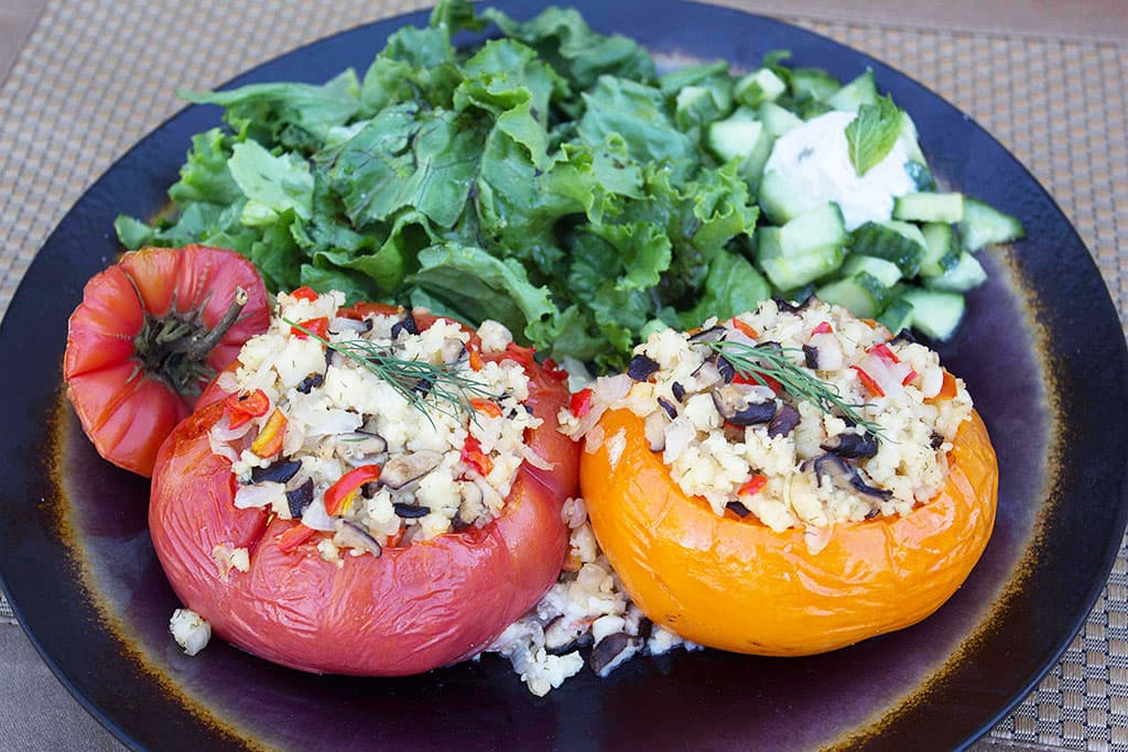 Stuffed Heirloom Tomatoes With Cucumber Salad & Tzatziki Sauce