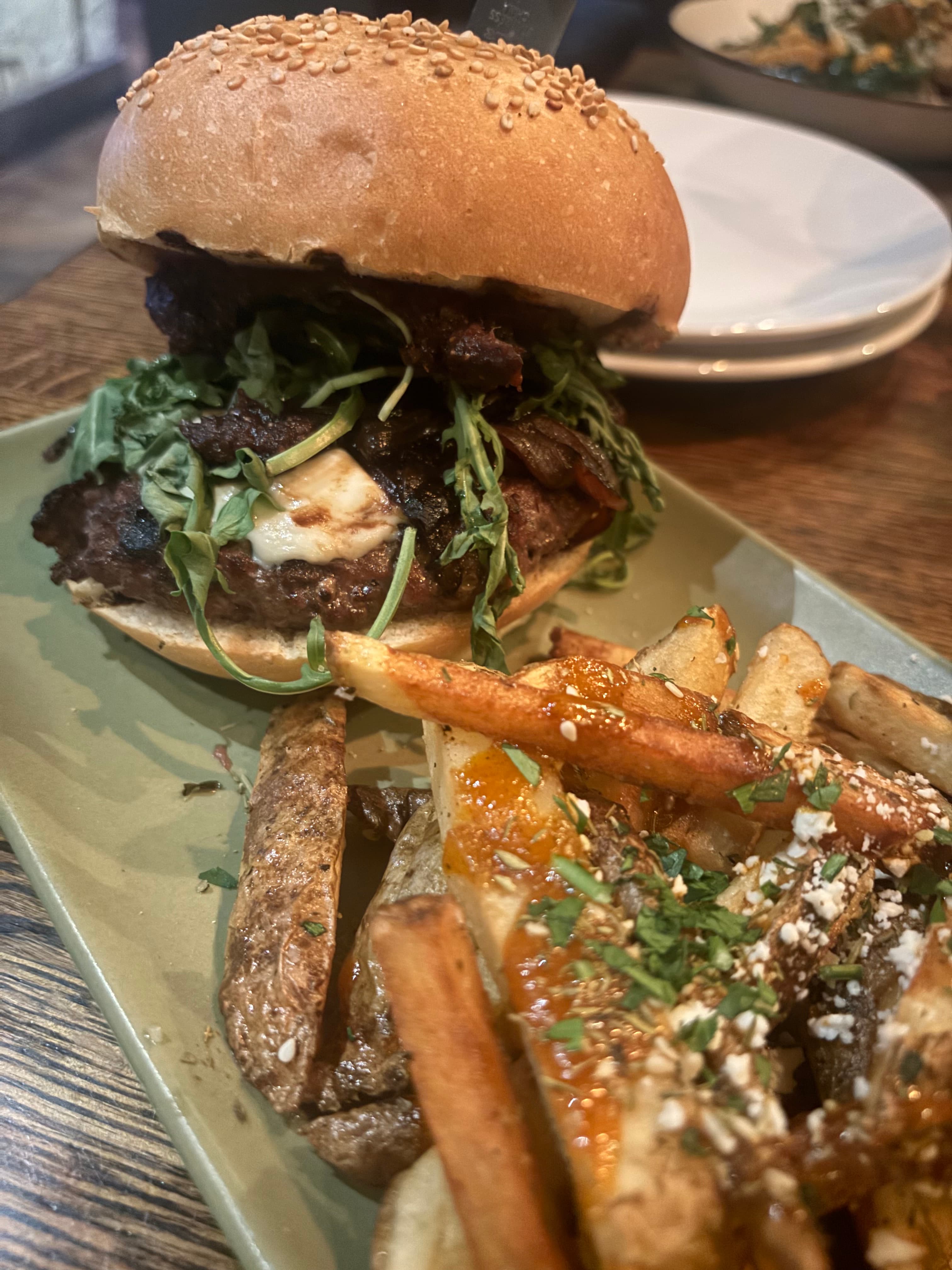 Burger with Fig Jam Mozz Arugula, Balsamic Onions