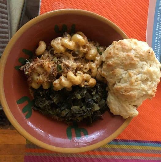 Pulled Pork Mac 'N' Cheese, Collard Greens, and Housemade Biscuit