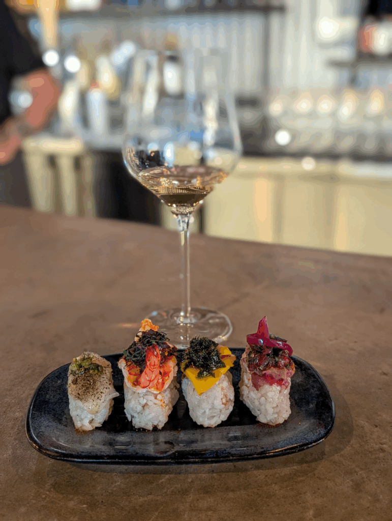 Shrimp Sushi with Sonoran Chili Crisp and Japanese Peanuts