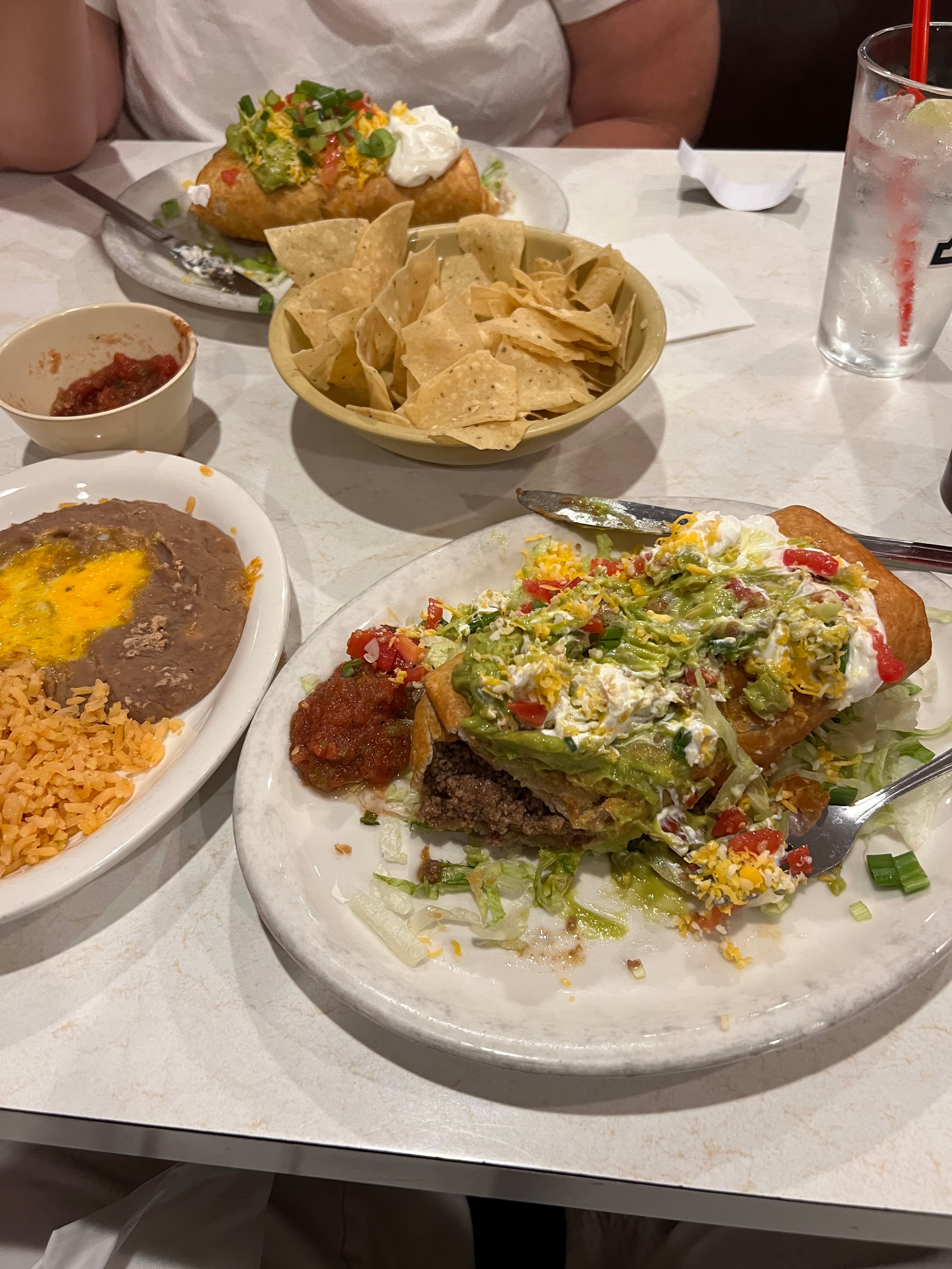 Ground Beef Chimichanga with Rice and Beans
