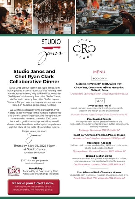 Studio Janos and Chef Ryan Clark Collaborative Dinner