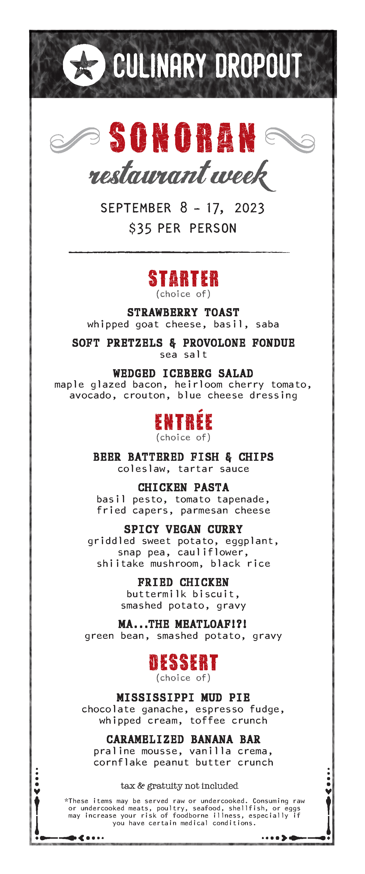 Culinary Dropout's SRW menu
