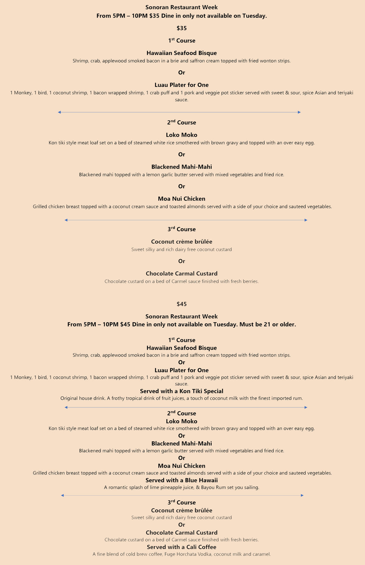 Kon Tiki's SRW menu