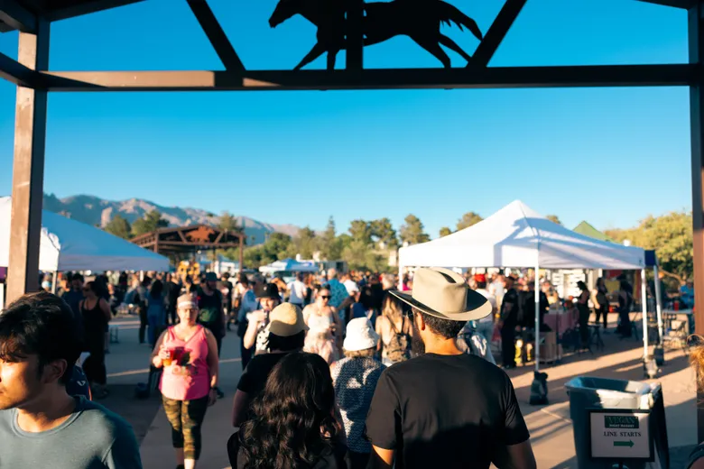 A wide daytime view of the market with white vendor tents and the Santa Catalina Mountains behind.