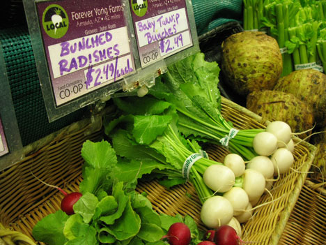 Local radishes for sale at the Food Conspiracy Co-op Local radishes for sale at the Food Conspiracy Co-op