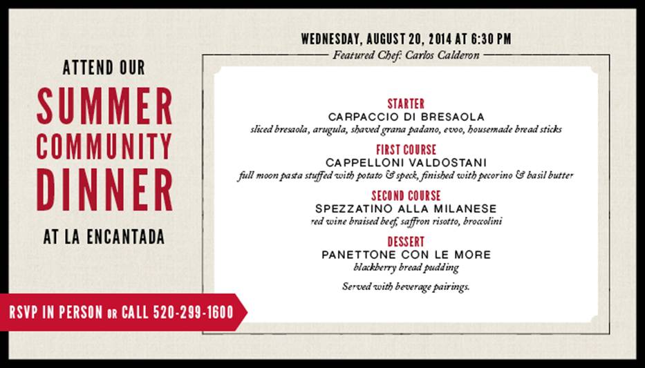 Flyer for Summer Community Dinner at North Italia in Tucson