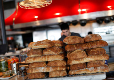Stacks of fresh bread at North Italia