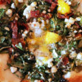 Bacon, Arugula, Roasted Green Chile, Goat Cheese, and Egg Breakfast Pizza at Renee's Organic Oven
