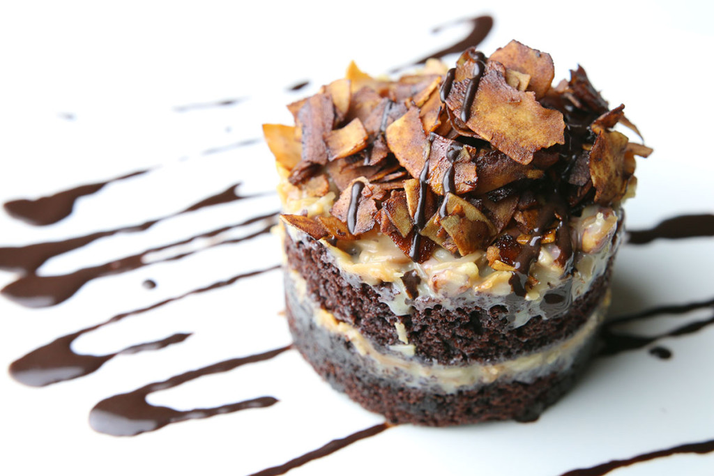 Chocolate Stout Cake Topped with Coconut 'Bacon' at Arizona Inn