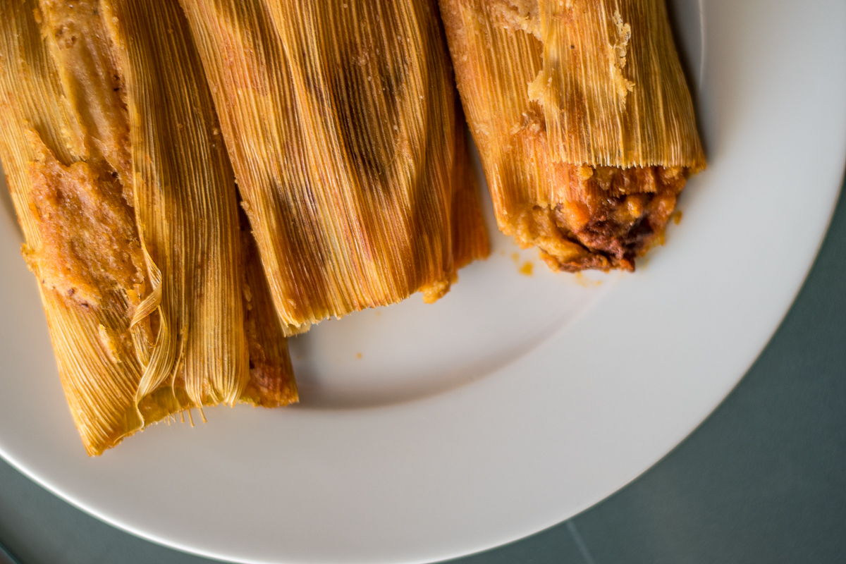 Red chile tamales from St. Mary's Mexican Food, reheated in the office (Credit: Jackie Tran)