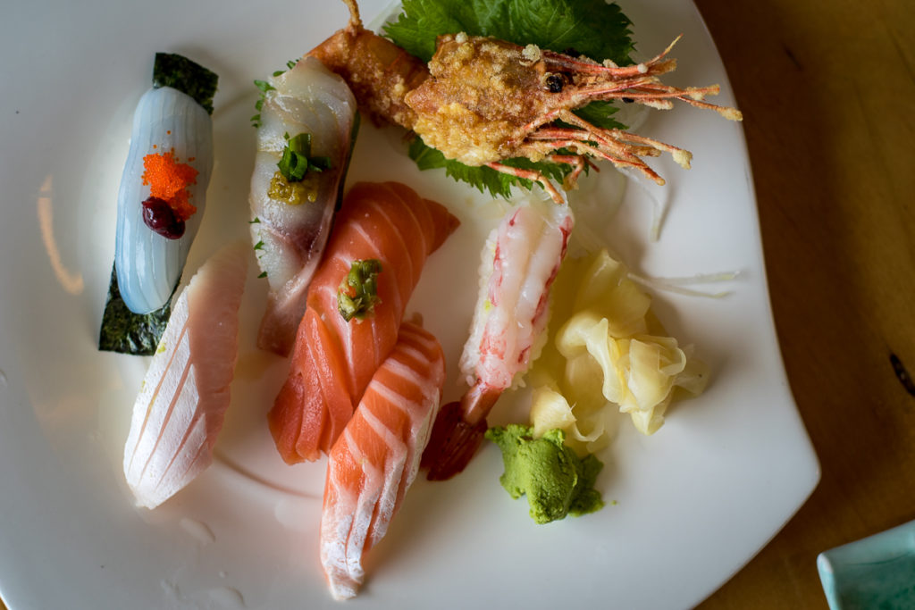 Assorted nigiri sushi and fried shrimp at Sushi on Oracle (Credit: Jackie Tran)