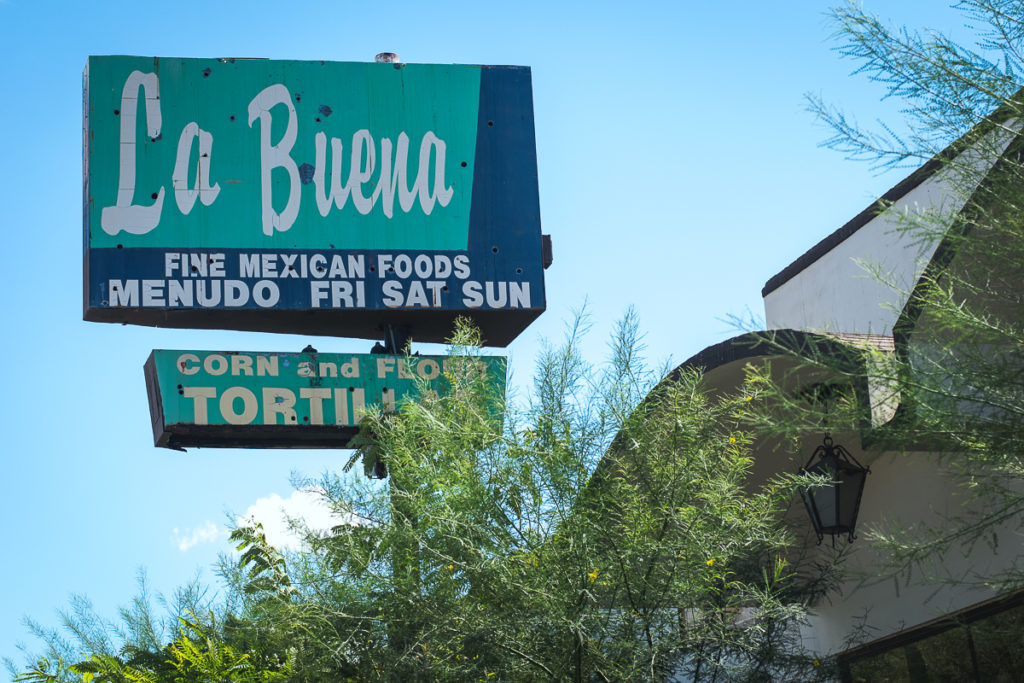 The sign for the now-closed La Buena, which will soon house Monsoon Chocolate (Credit: Jackie Tran)