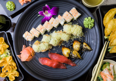 Spread of food from all-you-can-eat at Sushi Cortaro on River (Credit: Taylor Noel Photography)