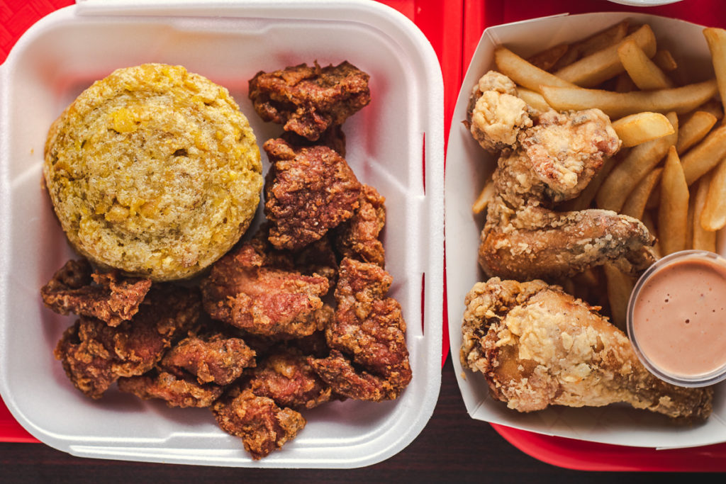 Mofongo con carne frita, fried chicken, and French fries at Asian Sofrito (Credit: Jackie Tran)