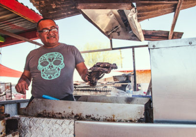 Juan Almanza with costillas at El Taco Rustico at the Tohono O'odham Swap Meet