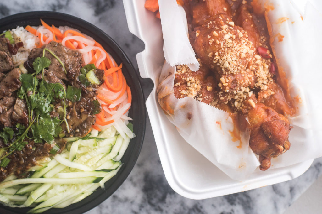 Lemongrass Beef Bowl and Spicy Peanut Butter Wings from food truck American Asian