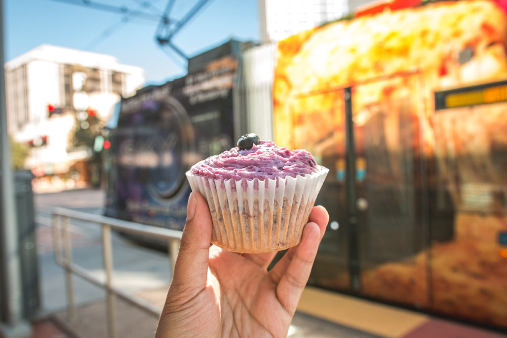 Blueberry Cupcake outside of HeeMee Coffee + Bakery