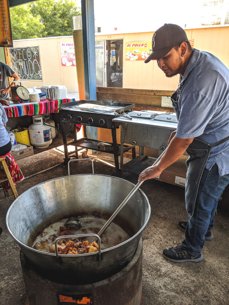 Chicharron frying at Carnitas El Pelon