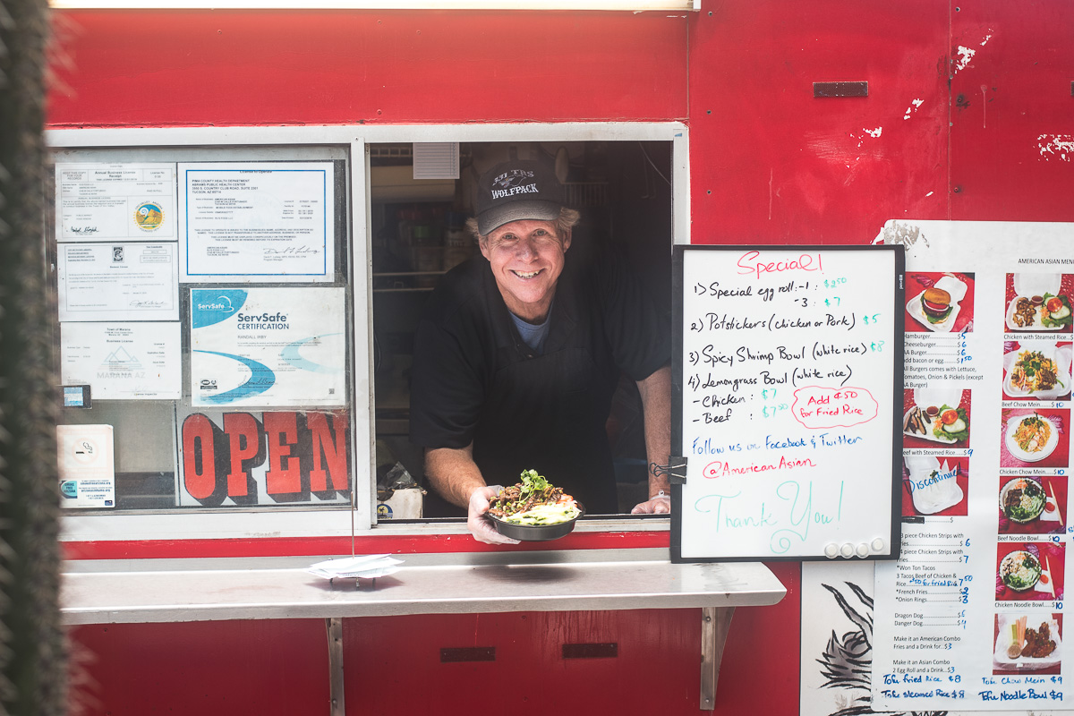 Randall Irby and a Lemongrass Beef Bowl from food truck American Asian