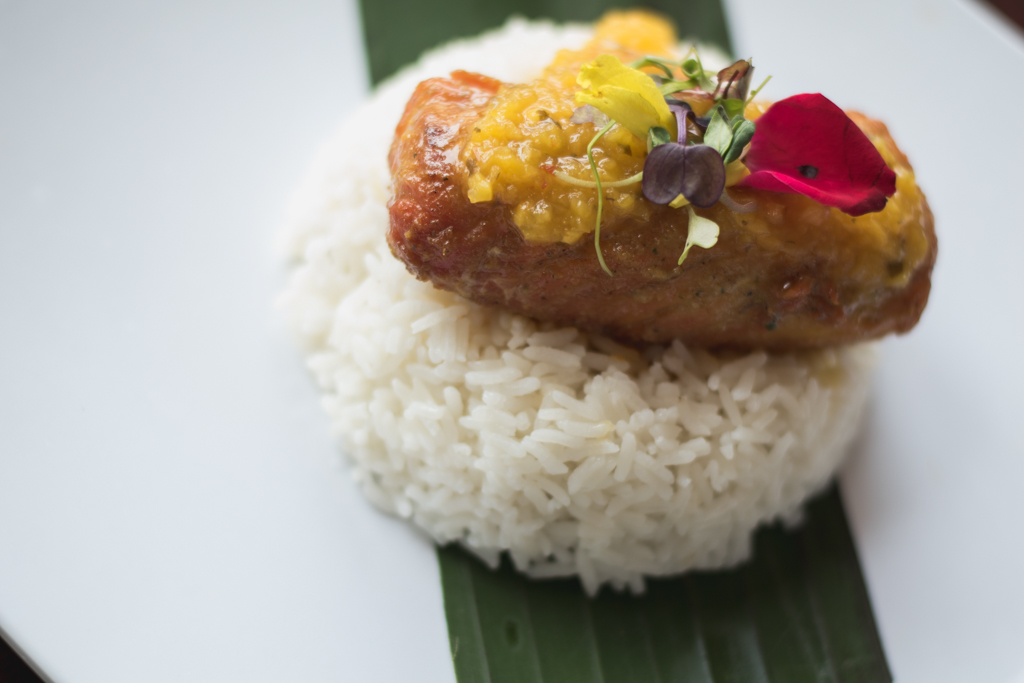 Cod marinated in sofrito sauce with Latin mango mint sauce over sweet ginger rice at Cuban Blaze (Credit: Jackie Tran)