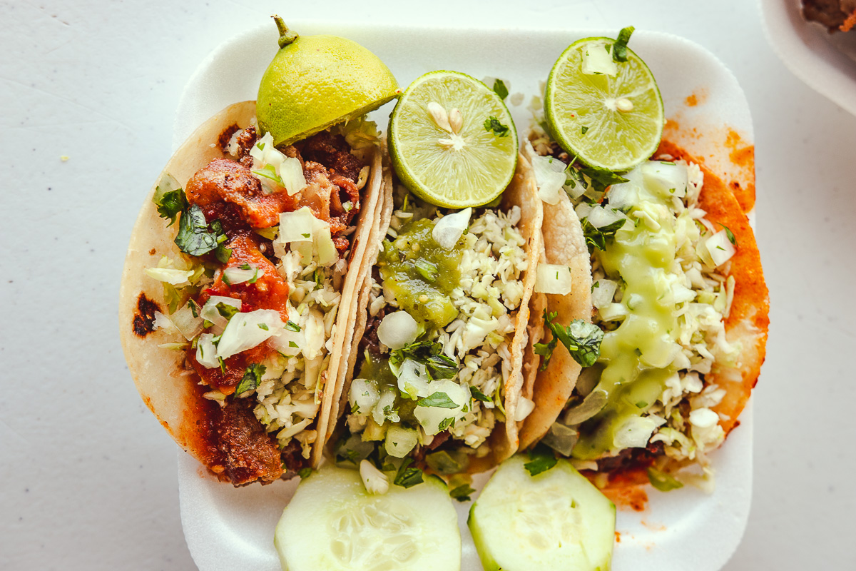 Tripas, cabeza, and chicharron tacos at Taqueria El Bamori (Credit: Jackie Tran)