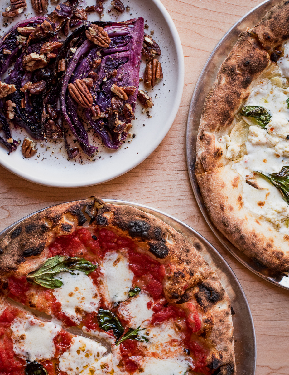 Red cabbage special, Pizza Bianca, and Pizza Margherita at Anello (Credit: Jackie Tran)