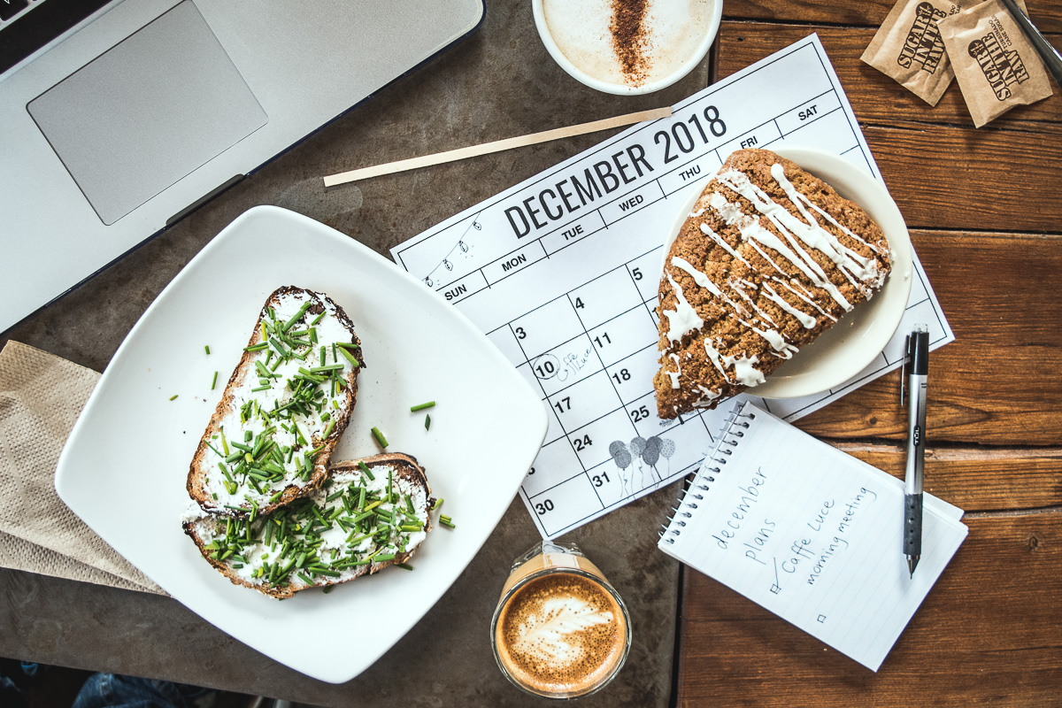 Goat Cheese Toast, Cortado, and Gingerbread Scone at Caffe Luce (Credit: Jackie Tran)