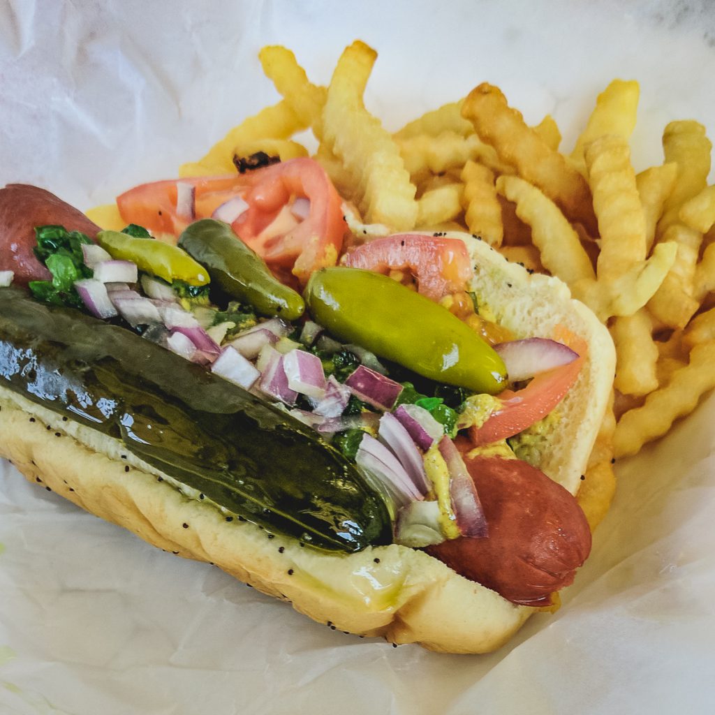 chicago dog and french fries