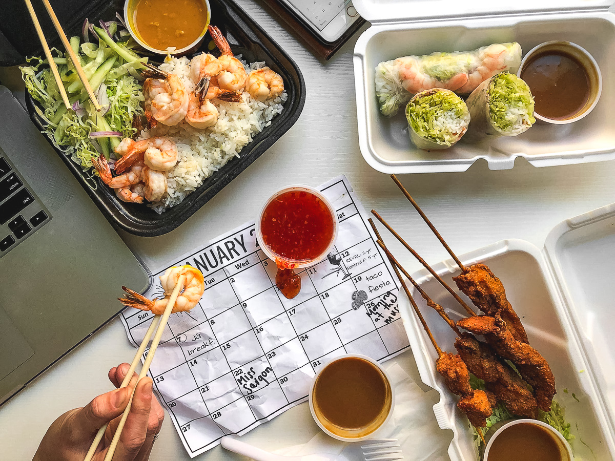 Grilled Shrimps topped with Coconut Curry Sauce on Jasmine Rice, Vietnamese Spring Rolls and Grilled Chicken Skewers with Peanut Sauce from Miss Saigon (Credit: Melissa Stihl)