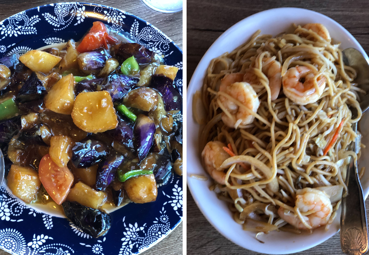 Grilled eggplant with potatoes and shrimp lo mein at Chef Wang (Photos by Edie Jarolim)