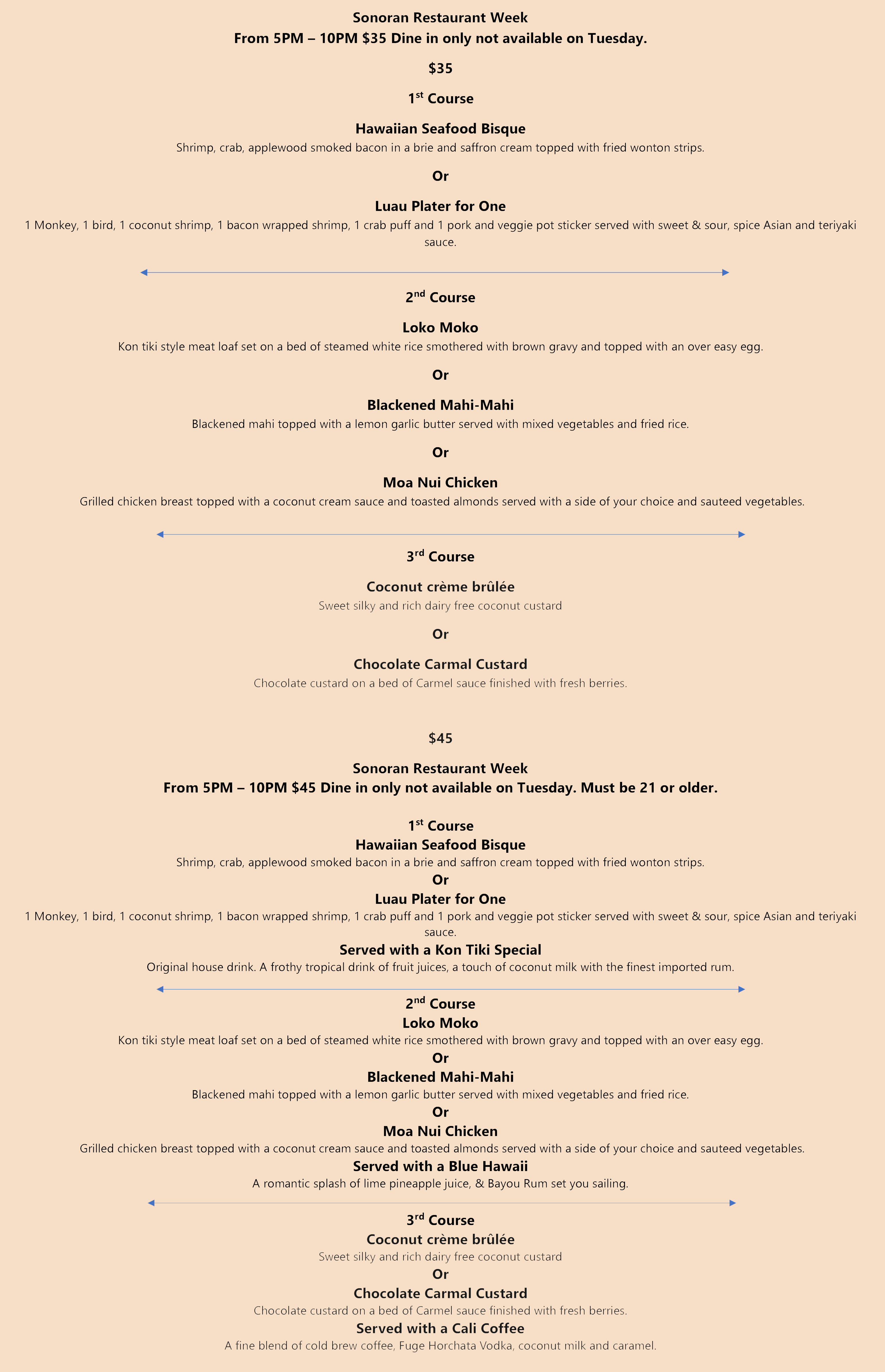 Kon Tiki's SRW menu