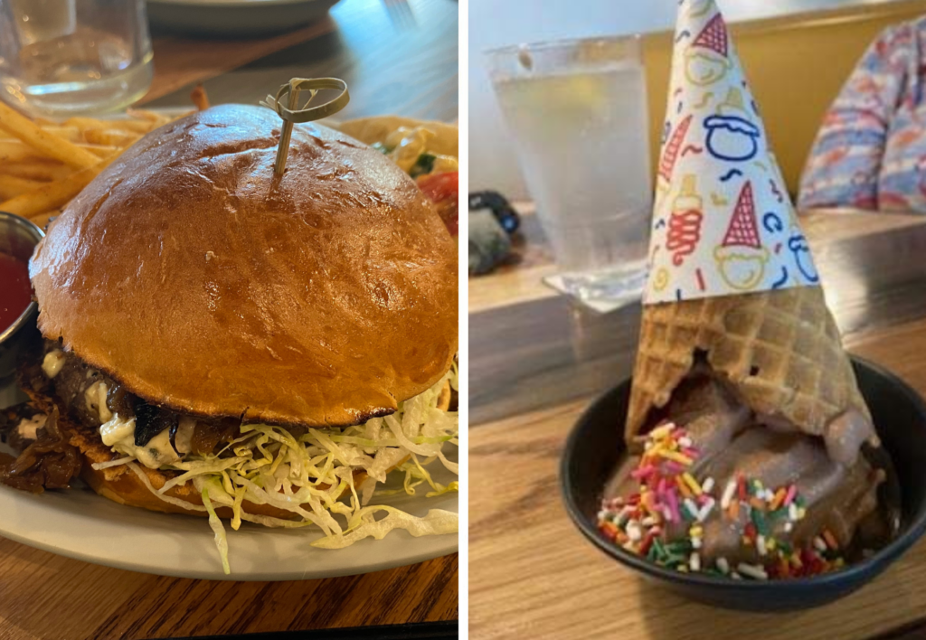 a sandwich sitting on top of a plate of food on a table