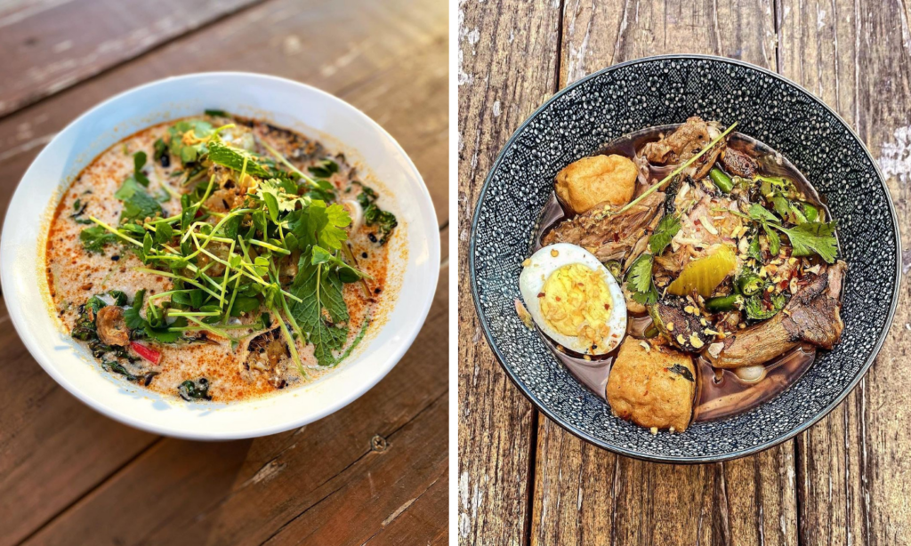 a bowl of food sitting on top of a wooden table